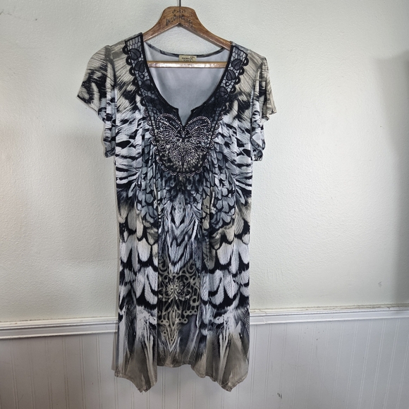 ONE WORLD Tops - Women's One World Boho Black White Feather Owl Beaded Lace Short Dress Size XL